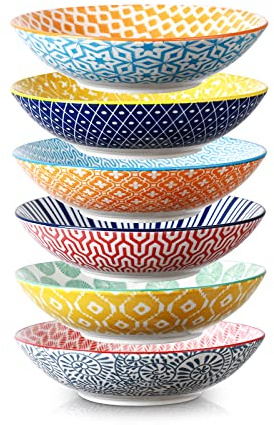 Selamica Ceramic 30oz Large Pasta Salad Bowls 8 Inch Wide and Shallow Soup Bowls, Stackable, Microwave and Oven Safe, Set Of 6, Assorted Colors