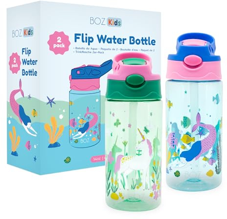 BOZ Flip Water Bottles for Kids 2-Pack - Girls' Mermaid & Unicorn Designs, 14 oz, Push Button Pop-Up Straw, Handwash Recommended, Toddler Leak Proof Water Bottle