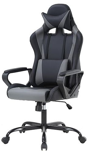 PayLessHere Ergonomic Racing Desk Chair Gaming Chair Computer Chair with Armrests 360° Swivel & Caster Pu Desk Task Chair Executive Headrest Lumbar Support for Back Pain Women Men and Adults (Grey)