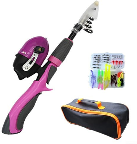 DAZZLEEX Ensemble de pêche pour enfants, canne à pêche télescopique portable avec moulinet, rose