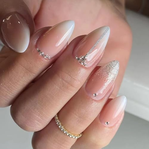 Ceboic Press on Nails Almond Shape, French False Nails Medium Pink Gradient Fake Nails with Glitter Rhinestones Design, Glossy Full Cover Glue on Nail Artificial Oval Stick on Nail for Women