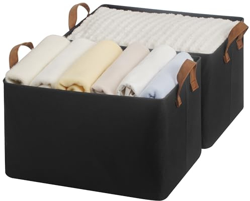 StorageWorks Storage Bins, Fabric Storage Bins for Shelves, Large Storage Baskets with Metal Frame, Closet Baskets and Bins with Handles, Black, 2-Pack