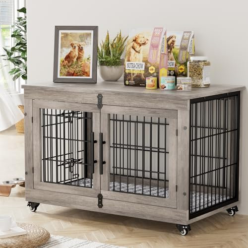 Lulive Dog Crate Furniture, Dog Kennel Indoor Double Doors Wooden Dog Cage, 38'' Heavy Duty Dog Crate with Cushion & Wheels, Decorative End Table Pet House Chew-Resistant for Large/Medium Dog, Grey