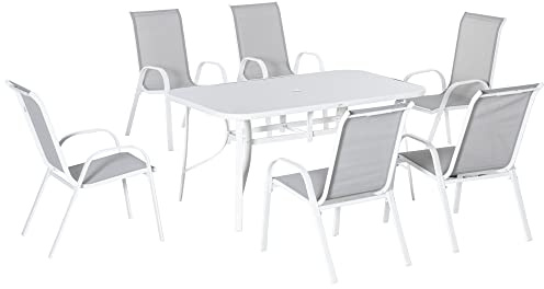 Outsunny Conjunto de Muebles de Jardín de 7 Piezas Juego de Mesa y 6 Sillas para Terraza con Orificio para Sombrilla y Encimera de Cristal para Terraza Patio Gris