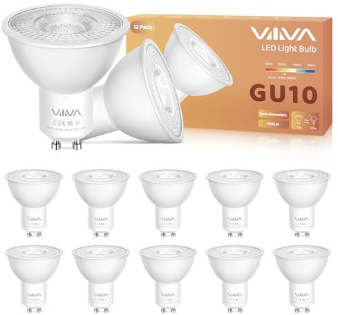 VIIIVA GU10 LED Lampen Warmweiss-12 Stück, 7W GU10 Spotlight, 3000K 510LM Ersetzt 50W Halogen Leuchtmittel, Nicht Dimmbar, Kein Flimmern, 38° Abstrahlwinkel, AC 220-240V, Energiesparende Glühbirne