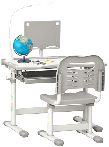 HOMCOM Juego de Escritorio y Silla para Niños de +6 Años Pupitre Infantil Altura Ajustable Escritorio Infantil con Mesa Inclinable Lámpara Cajón y Estante para Libros Gris