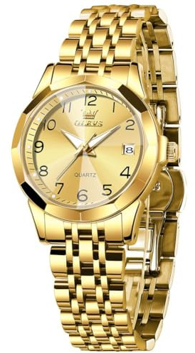 OLEVS Gold Damen Armbanduhr Edelstahl Luxus Klein Zifferblatt Damenuhr Wasserdicht Analog Kleid Uhr Damen mit Datum Modern Quarz Metall Damenarmbanduhr Leuchtend Arabische Ziffern Geschenke für Frauen