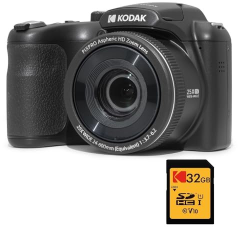 KODAK Pixpro Astro Zoom AZ255 + Tarjeta de Memoria SD de 32 GB – Cámara de Puente Digital de 16 MP, Zoom 25X, Video HD 1080p, Gran Angular de 24 mm, Pantalla LCD 3, Pila AA – Negro