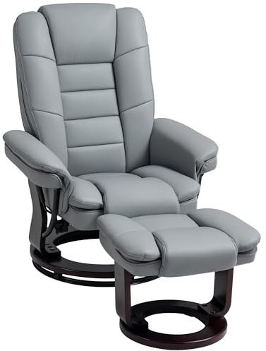 HOMCOM Poltrona con Poggiapiedi Reclinabile 135°, Poltrona Relax Ergonomica Girevole con Pouf, Poggiatesta e Braccioli in Pelle PU per Camera, Ufficio, Soggiorno e Salotto, 85x82x106 cm, Grigio