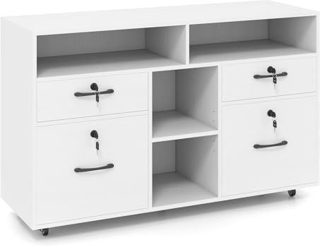 COSTWAY Mobile File Cabinet, 4 Drawers Lateral Stationery Storage Organiser Chest with Lock, Adjustable Shelf and Wheels, Home Office Printer Stand Side Filing Cupboard (White)