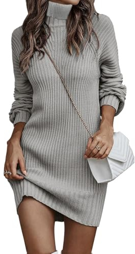 JFAN Robe Pull Femme Hiver Tricot Vintage Robe Longue Femme Chic et Elegant à Col Roulé Chaud Casual Dress,Gris,L