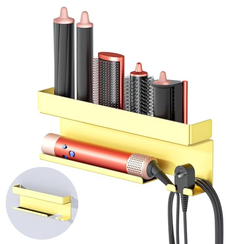 YYBO Supporto Asciugacapelli da Parete, Porta Phon da Muro Adesivo per Asciugacapelli Accessori Styler Curling Device, Porta Phon e Piastra per Camera da Letto, Bagno (Oro)