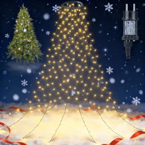 Qedertek Lichterkette Weihnachtsbaum Außen Innen, 2.4M 240LED Christbaumbeleuchtung mit Ring, 12 Modi Lichterkette Außen Weihnachten mit Timer, IP44 Weihnachtsbeleuchtung für Tannenbaum (Warmweiß)