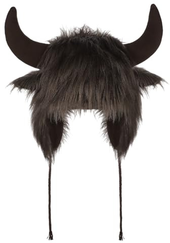 JNGUOSICN Faux Fur Horn Hat with Ear Flaps Plush Furry Cow Horn Hats Winter Ear Flaps Trapper Hat for Men Women Novelty Devil Cow Horns Hats for Halloween Christmas