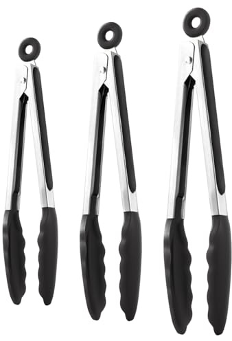 Pinzas para cocinar | Juego de 3 utensilios resistentes al calor | Acero inoxidable Pinzas para barbacoa con puntas de silicona | Para la cocción de la barbacoa y el uso doméstico