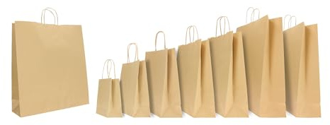 Mainetti - Sacchetti Carta Kraft con Manici, Maniglia Cordino, Buste Negozio, Borse Shopper Kraft Eventi - Scatola 150 pezzi (Avana, 14x09x20)
