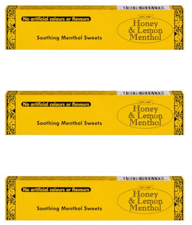 Honey & Lemon Flavour - 41g Stick Pack - Pack of 3 - Soothing Menthol Cough Sweets Lozenges for Sore Throat, Cold & Flu Relief