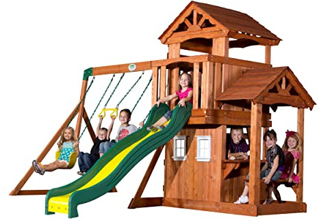 Backyard Discovery Tanglewood Cedar Wood Swing Set with Wave Slide, Clubhouse, Playhouse, Covered Snack Bar Window, Bench, Rock Wall Ladder, Belt Swings, Trapeze, Porch, Step Ladder, Outdoor Playset
