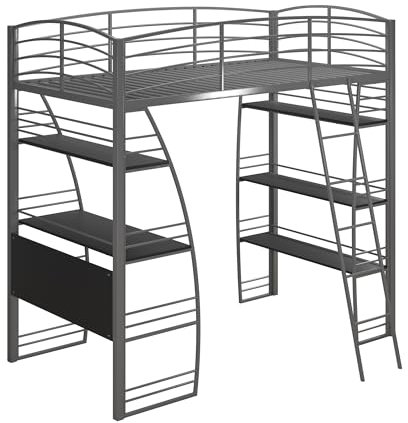 DHP Studio Loft Bunk Bed Over Desk and Bookcase with Metal Frame, Twin, Gray Gray