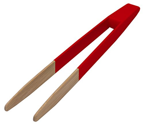 Pebbly - Pince à Toast Rouge en Bambou Naturel - 24 cm - Branches Fines pour Attraper facilement les Toasts au Grille Pain et pour le Service
