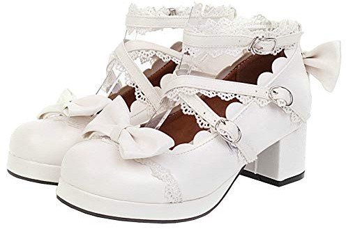 LUXMAX Women Cosplay Shoes Cross Strap Block Heel Mary Jane Lace Pumps, Size 4 M US,White
