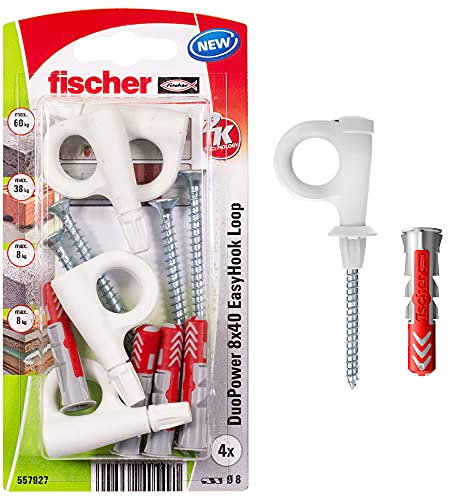 fischer EasyHook Loop K (4), Juego de 4 tornillos y tacos DuoPower 8 x 40, con gancho para tablero aglomerado para instalar fácilmente en numerosos materiales de construcción