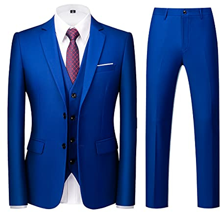 KUDORO Traje de 3 piezas para hombre, ajuste delgado, botonadura simple, dos botones, boda, negocios, esmoquin, chaqueta, pantalón, Azul Joya, XS