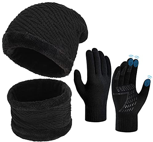Invierno Gorra Bufanda Guantes Set - Tejer Lana Polar Cuello Cálidos Beanie Capa Gorros Pantalla Táctil Mitones para Hombre Mujer Disfraz Moto Ciclismo Bici Deportes Frio Esqui Nieve Snowboard Navidad