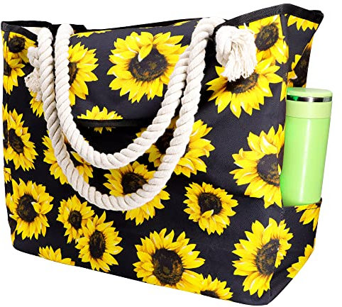 Tokeya Strandtasche Extra Große, Badetasche Faltbar Damen Sommer Beach Tote Bags XXL Familie Shopper Schultertasche Canvas Umhängetasche für Reisen Strand und Schwimmbad, Sonnenblume Blumen