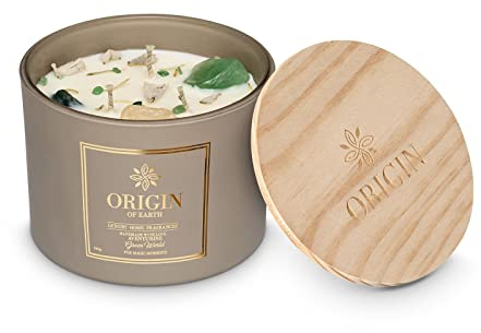 ORIGIN OF EARTH extra große Duftkerze im Glas 340g, Duftnote GREEN WORLD, Kerze mit Kristallen und Edelstein, Natürliche Sojawachskerze, 40-50 Stunden Brenndauer, kräftig-herber Natur Duft
