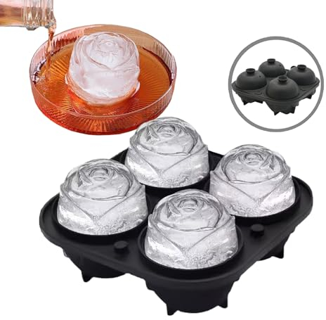 Moule a glace à rose 4 cavités, Fleur grand bac à glaçons en silicone avec couvercle, Moule DIY pour les cocktails, le whisky, les jus de fruits, moule glacon pour congélateur