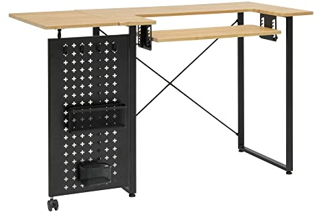 Nähtisch mit ausklappbarer Ablageplatte, Holz/schwarzen Beinen – Nähmaschinentisch mit verstellbarer Plattform, Drop-Leaf-Verlängerung, Aufbewahrungshaken und Körben. Zum Quilten und Basteln – 13395