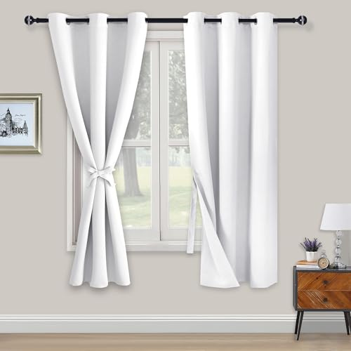 XWZO Blackout Curtains Shades Window Curtain Panels with Tiebacks- Noise Reduction and Thermal Insulated Eyelet Curtains for Bedroom,Living Room,Office,Study Room Greyish White W46xL72