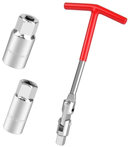 SAMTEK Spark Plug Removal tool, Stainless Steel 16mm and 21mm Spark Plug Socket Removal Wrench Tool Set Flexible Spanner Silicone Red T-Bar Handle for Easy Removal