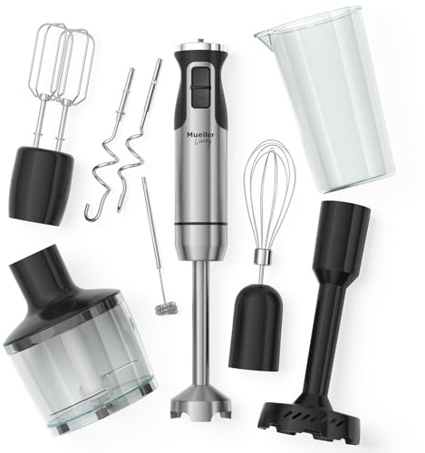 MuellerLiving Immersion Hand Blender Full Set - 8 Speed Immersion Blender, Hand Mixer with 7 Attachments: Stainless Steel Blade, Whisk, Milk Frother, Beater, Mixing Hooks, Potato Masher, Chopper Bowl