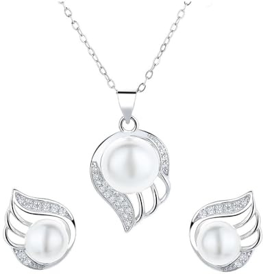 ankbrats 925 sterlingsilver pärlsmycken set, allergivänliga änglavingar sötvattenspärlor set flickor, pärlörhängen pärlhalsband bröllopssmycken present för kvinnor, Sterlingsilver