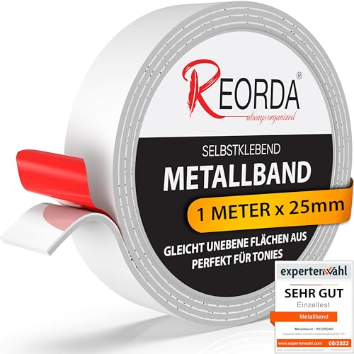 REORDA® Metallband selbstklebend Weiß - Ideal für Tonies®-Figuren & -Regale (EXTRA STARK) - Magnetband für Magnete I Ferroband I Magnetband selbstklebend I Eisenband (1m)