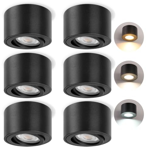 YindaLux 6 x 3CCT Black Ceiling Spotlights – Extra Flat & 38° Swivel – Diameter 80 x 50 mm – Adjustable Surface-Mounted Spotlight – 5W 500LM – Dimmable LED Module 230 V Included – Aluminium LED