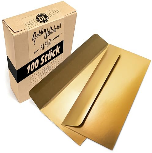 Japun – Briefumschläge (100 Stück) aus Papier, Kuvert, Umschlag ohne Fenster - DIN lang - 220 x 110 mm - gold