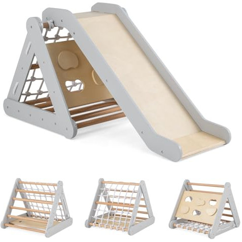 HOMASIS 4 in 1 Klettergerüste mit Rutsche, Kletterdreiecke für Kinder, Spielplatz aus Holz, Montessorie Kletterspielzeug für Kinder ab 1+ Jahren, Sprossendreieck Max. Kapazität 60 kg (Grau)