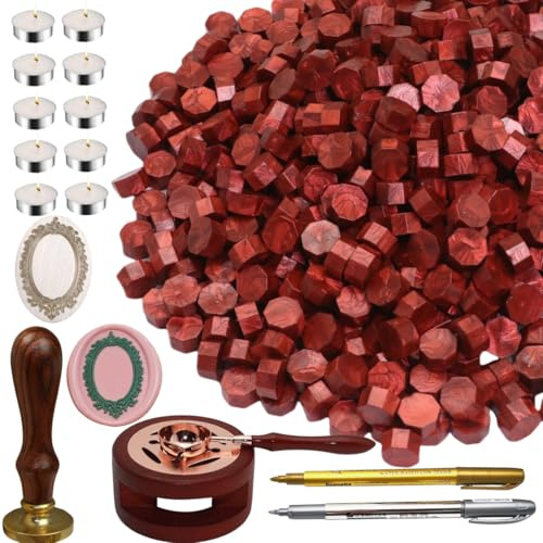 Wax Sealing Beads, Atopbb 300pcs New Burgundy WaxSeal Beads, 1pcs Wooden Wax Seal Warmer, 1pcs Melted Spoon and 10pcs Tea Candles for WaxSealing Stamp Kit (New Burgundy)