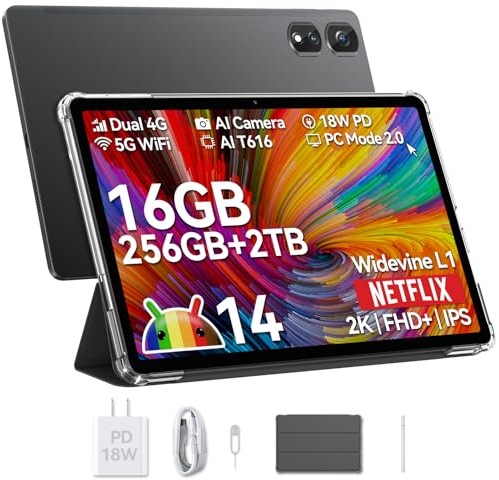 Blackview Tab16Pro Tablet 11 Zoll, Android 14 16GB RAM 256GB ROM (2TB TF) 4G LTE 5G WiFi Tablet mit Stift und Hülle, 13MP+8MP, 7700mAh, 2K Display Widevine L1, GPS