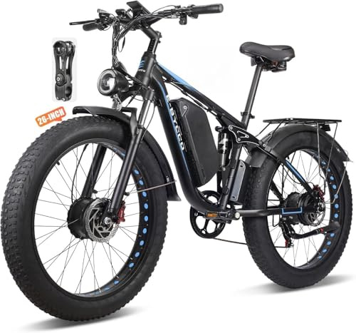 E·Bycco 6000W Peak Dual Motor Electric Bike for Adults, 52V 32AH Battery, Max 40-45MPH &100Miles, Full Suspension, Hydraulic Brake, Fat Tire E-Bikes for Men Women with Riser(Blue/Black, 26in)
