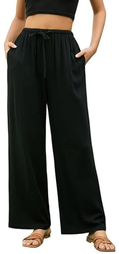 Stamain Womens Linen Trousers Summer Baggy Wide Leg Pants Ladies Elastic Waist Light Weight Trousers for Women with Pockets Loose Fit