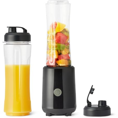 Amazon Basics Portable Smoothie Blender with 2 Travel Cups, 600ml, 300W, Black