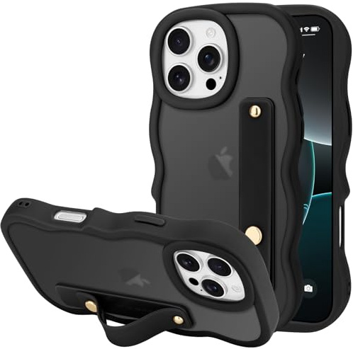LLZ.COQUE for iPhone 16 Pro Max Case, Curly Wave Frame with Adjustable Hand Strap Stand Phone Case, Translucent Matte Back Anti-scratch Shockproof Bumper Cover for iPhone 16 Pro Max, Black