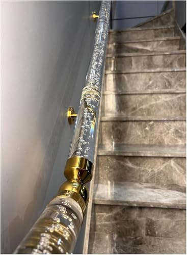 SAFWELAU Banister Rails Stair Handrail Wall Mounted Railing Grab Bar with Silver/Golden Brackets, Clear Bubble Acrylic Handrail Kit for Indoor Stair(Gold,350cm/11.5ft/138in)