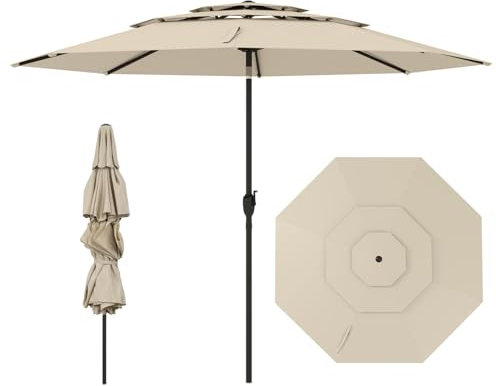 COSTWAY 3-stöckiger Sonnenschirm, 300 cm Gartenschirm windfest stabil, Terrassenschirm mit Kurbel, beidseitig um 30° knickbar, Balkonschirm belüftet, Marktschirm für Garten, Balkon (Beige)