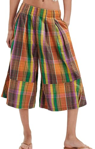 Sujama Culotte d'été à carreaux pour femme, pantalon capri vichy décontracté à jambes larges, pantalon palazzo court avec poches, Orange/vert., Taille S