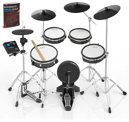 AKLOT Fully-Expandable Electric Drum Set: Independent Stand System, 12 Wooden Snare, Independent Hi-Hat and Triple-Zone Ride Cymbal, Mesh Bass Drum, 475 Sounds, Drum Sticks, Lesson Book (B-CORE546)
